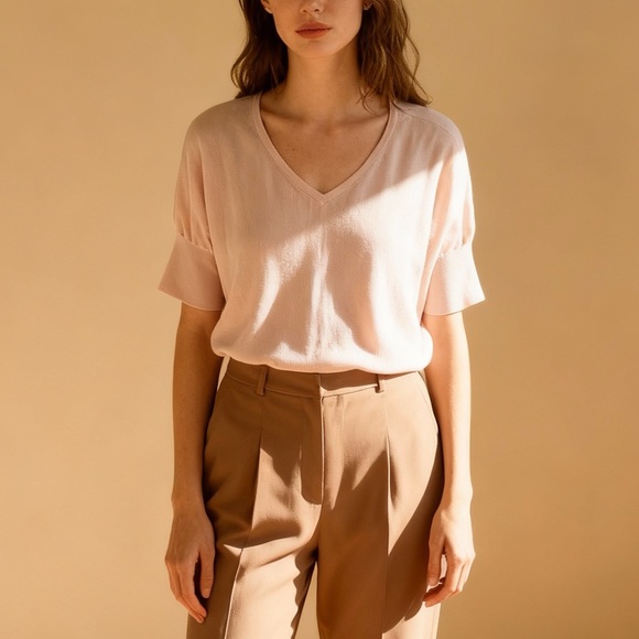 REPEAT Cashmere Short Sleeve V‑Neck Knit Top 38/S, Adjustable Drawstring Back - Picture 1 of 4